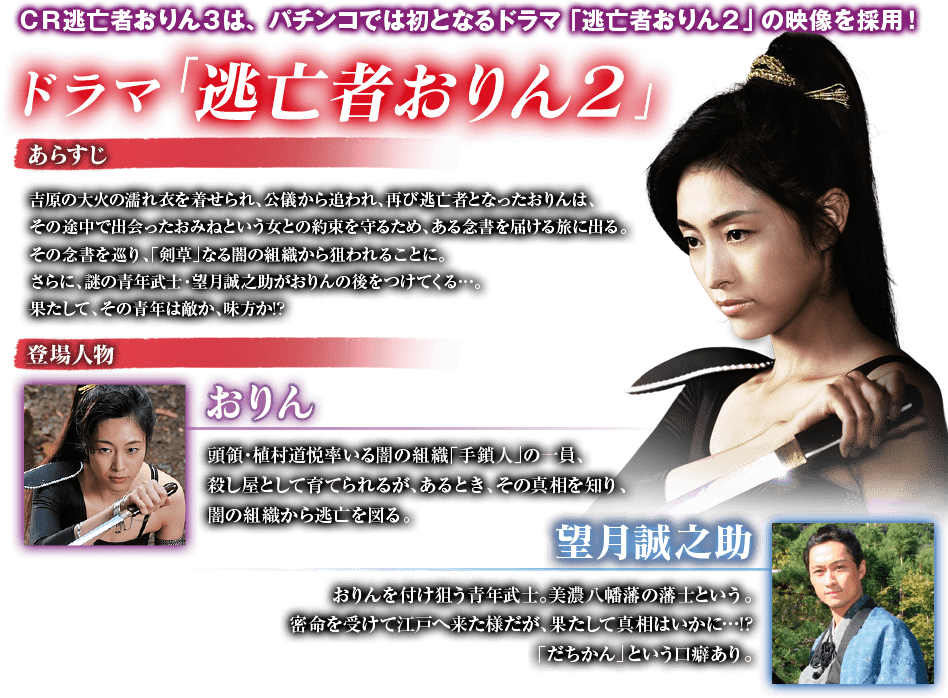 CR逃亡者おりん3は、パチンコでは初となるドラマ「逃亡者おりん２」の映像を採用！